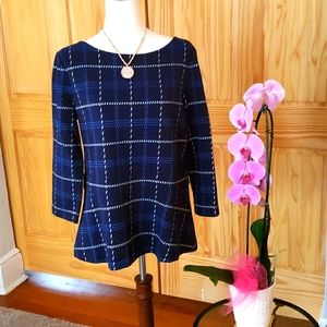 Ann Taylor Navy Blue Plaid Tunic Sweater - Size L